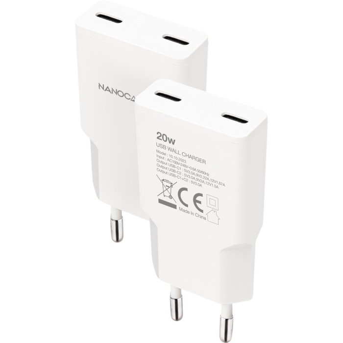 Nanocable Cargador de Pared 2xUSB-C PD 20W Blanco Nanocable Cargador de Pared 2xUSB-C PD 20W Blanco